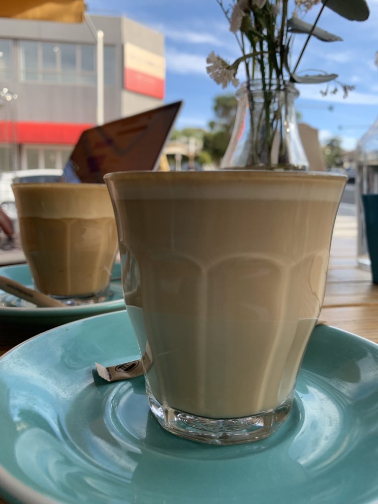 A couple of lattes at Albert & Moore. A cafe in the Northern Beaches of Sydney. 